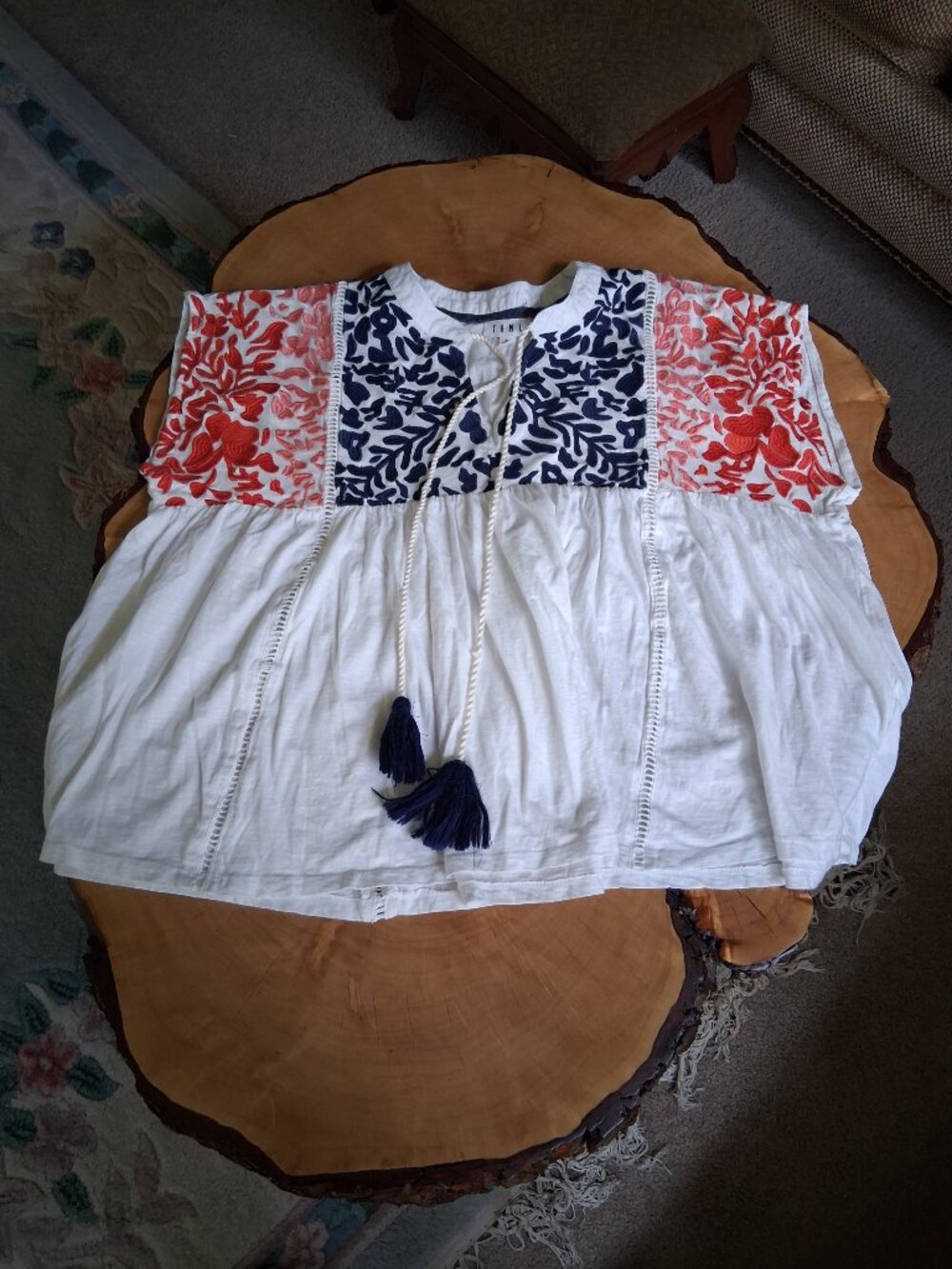 THML Embroidered Boho Peasant Top White Navy Coral Tassel Tie Blouse Size Large
